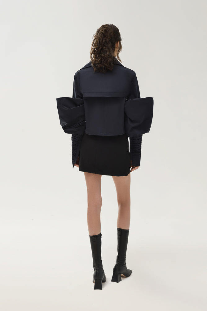 Cropped Trench with Couture Sleeves in Navy