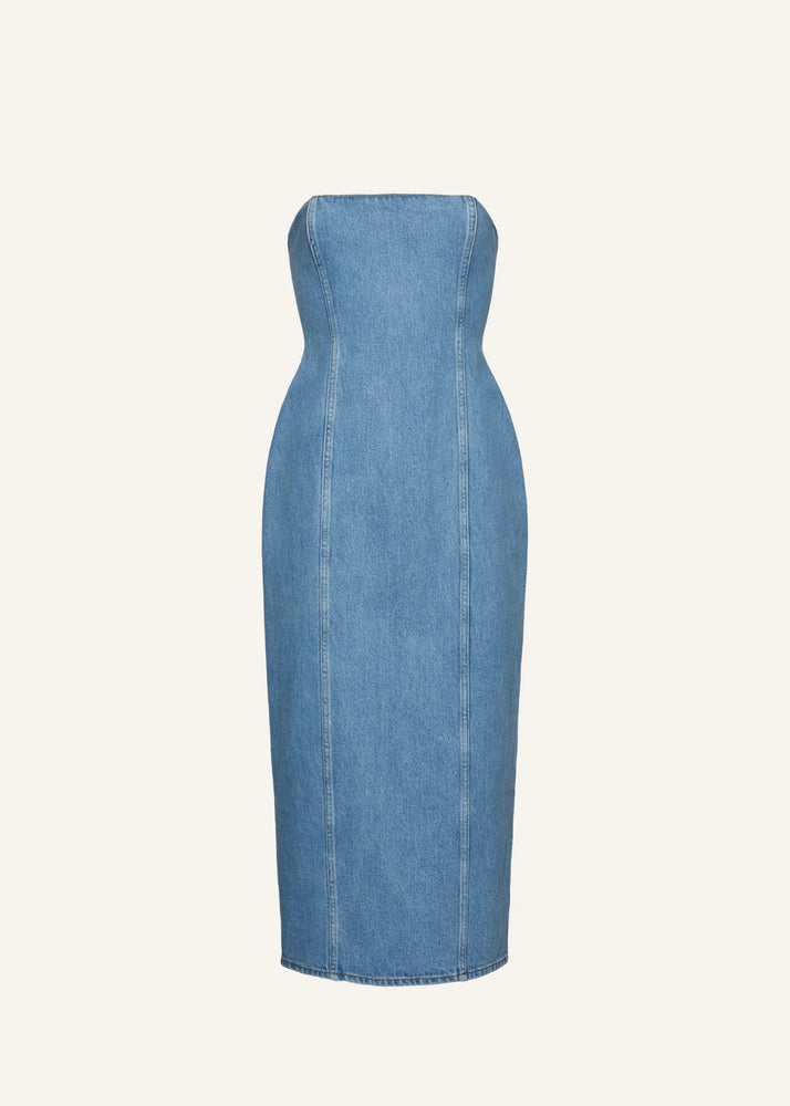 Strapless Hourglass Denim Corset Midi Dress in Light Blue