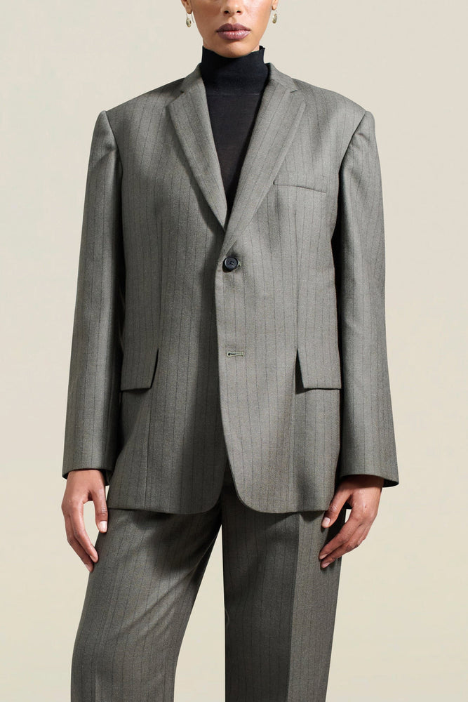 Gemini Blazer in Olive Pinstripe Wool Flannel Suititng