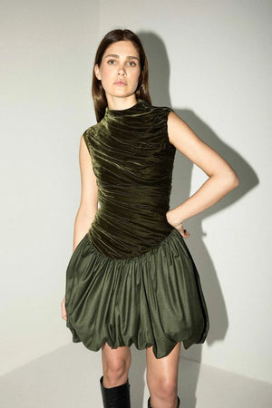 Arya Velvet Bubble Dress in Forest Green