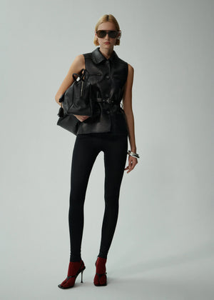 Sleeveless Belted Leather Vest in Black Leather