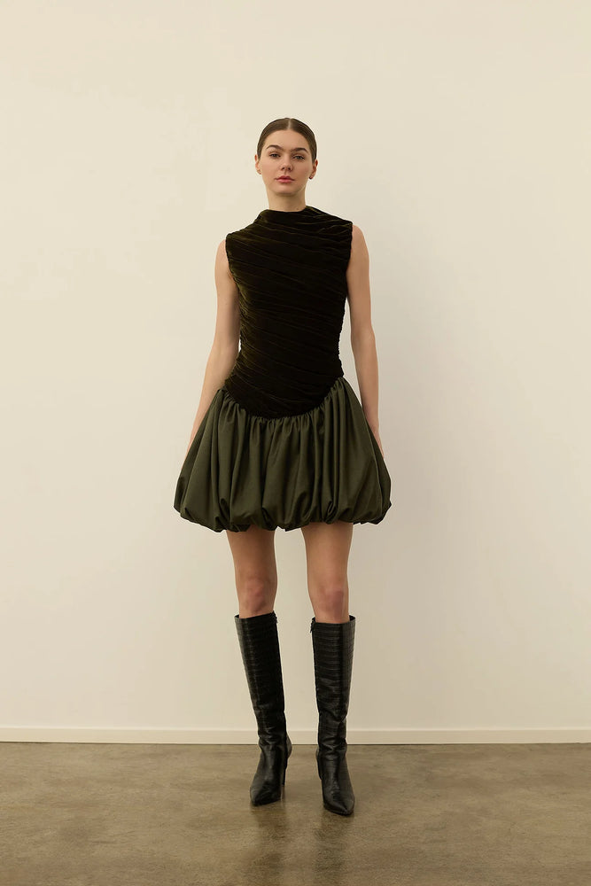 Arya Velvet Bubble Dress in Forest Green