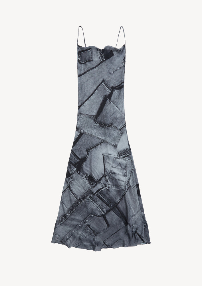 
            
                Load image into Gallery viewer, Long Satin Printed Dress in Grey
            
        