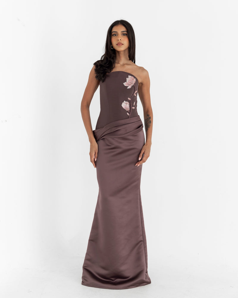 The Celeste Gown in Plum with Embroidery