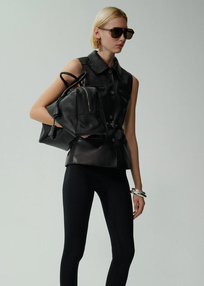 Sleeveless Belted Leather Vest in Black Leather