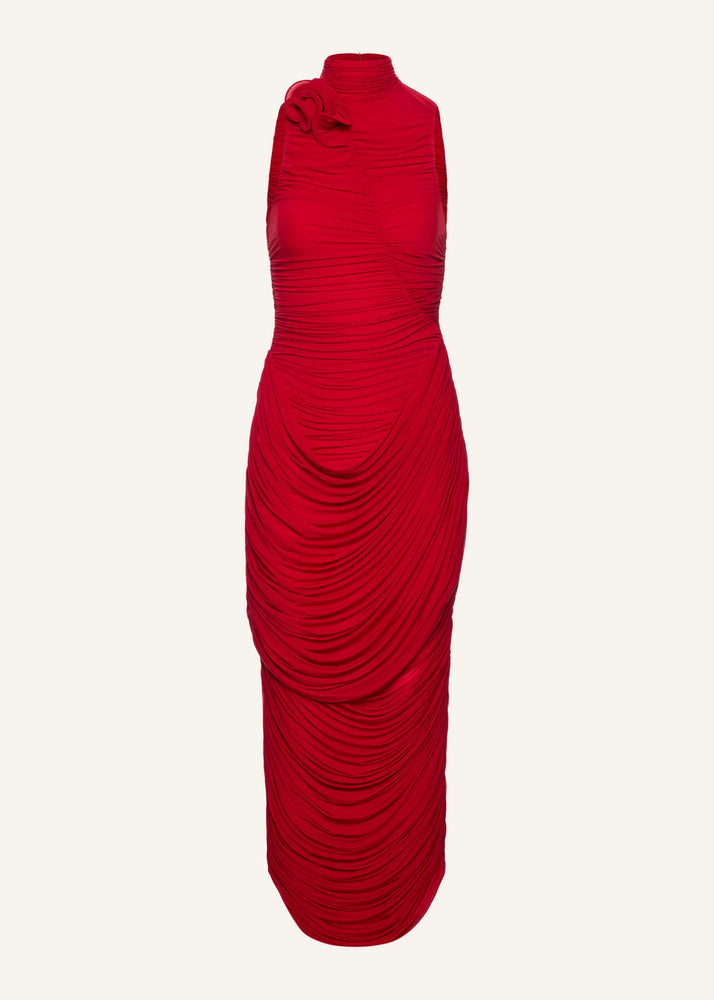 High-Neck Draped Maxi Dress in Red