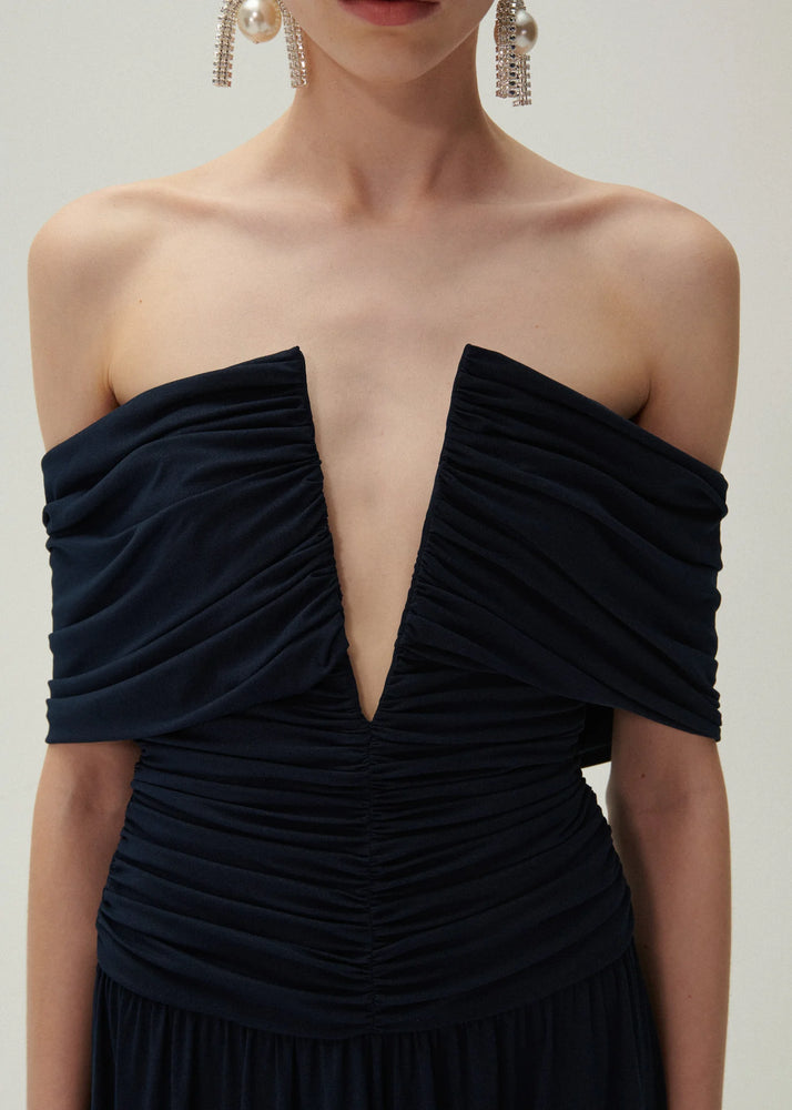 V Neck Ruched Wrap Maxi Dress in Navy