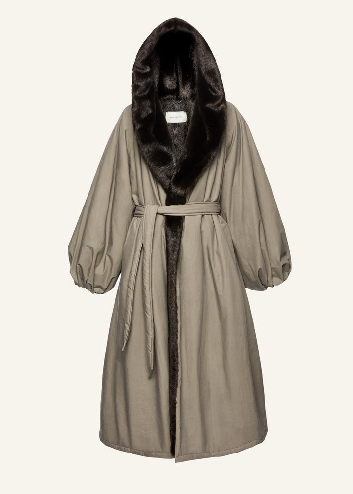 Faux Fur Hooded Coat in Grey Cotton