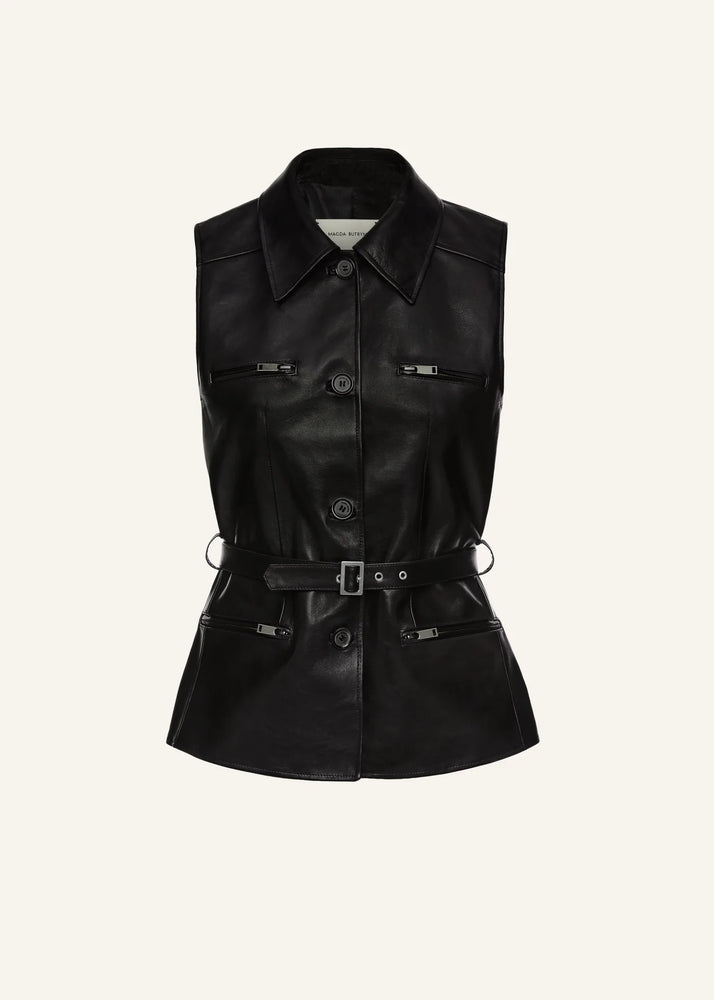 Sleeveless Belted Leather Vest in Black Leather