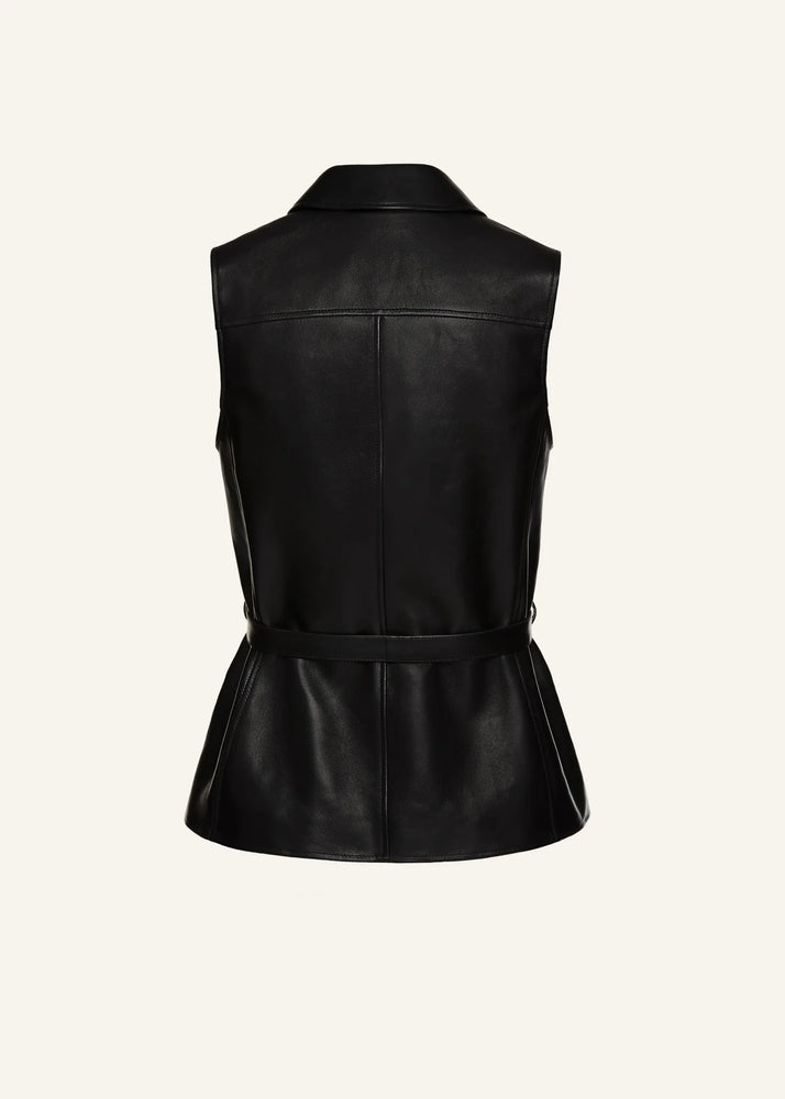 Sleeveless Belted Leather Vest in Black Leather