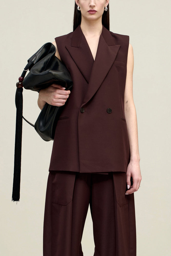 Deon Sleeveless Blazer in Mahogany Gazar Suiting