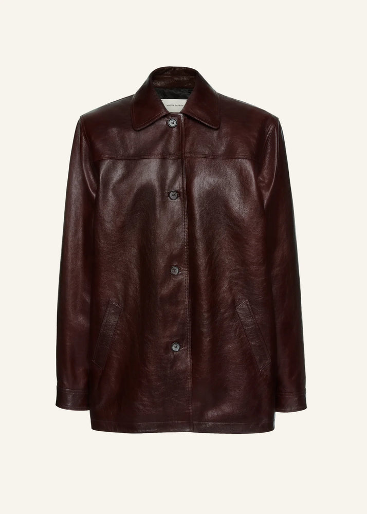 Oversized Leather Button Up Jacket in Bordeaux