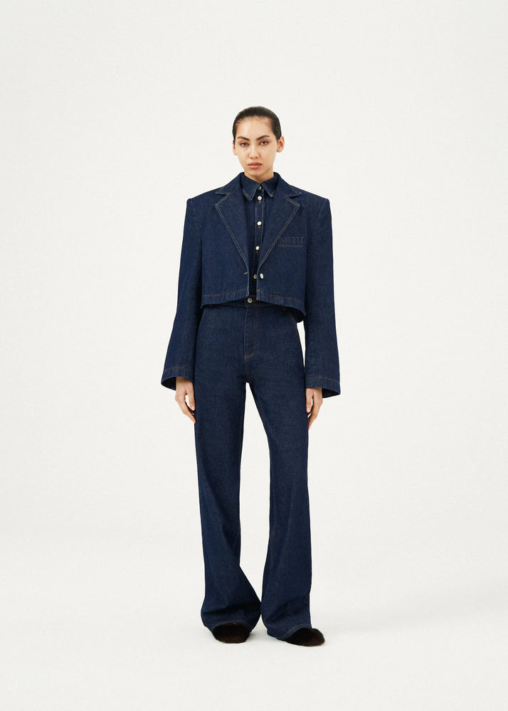 
            
                Load image into Gallery viewer, Cropped Denim Blazer in Navy
            
        