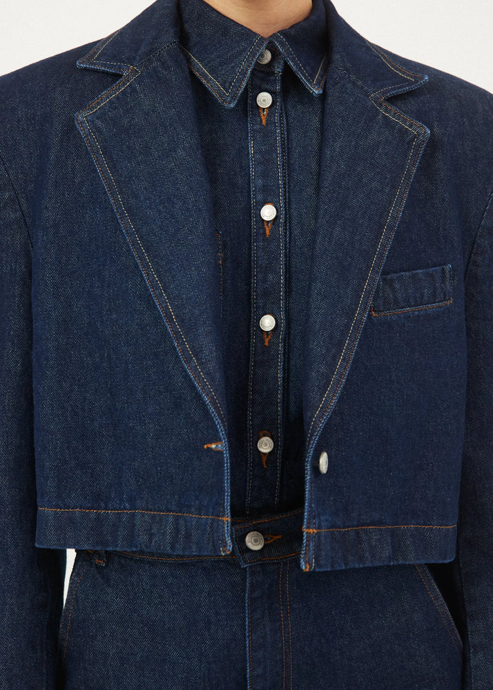 
            
                Load image into Gallery viewer, Cropped Denim Blazer in Navy
            
        