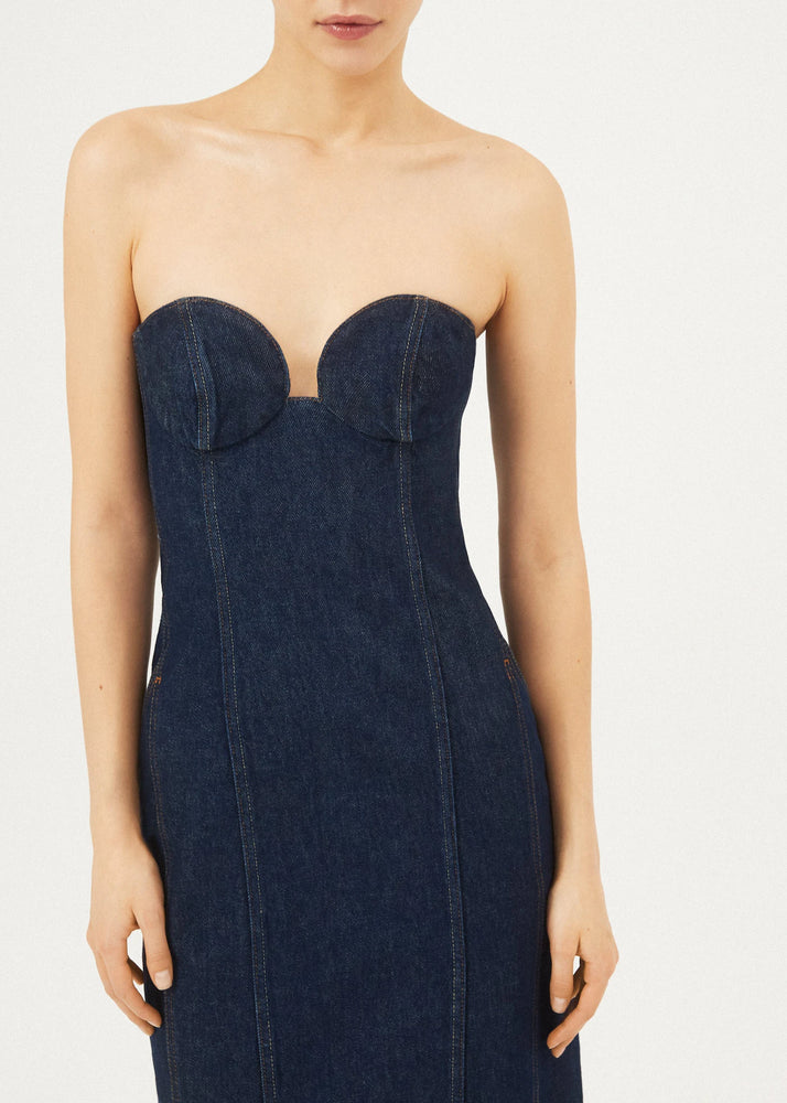 
            
                Load image into Gallery viewer, Denim Bustier Midi Dress in Navy
            
        