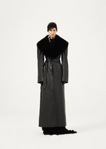 Long Faux Fur Trim Belted Leather Coat in Black