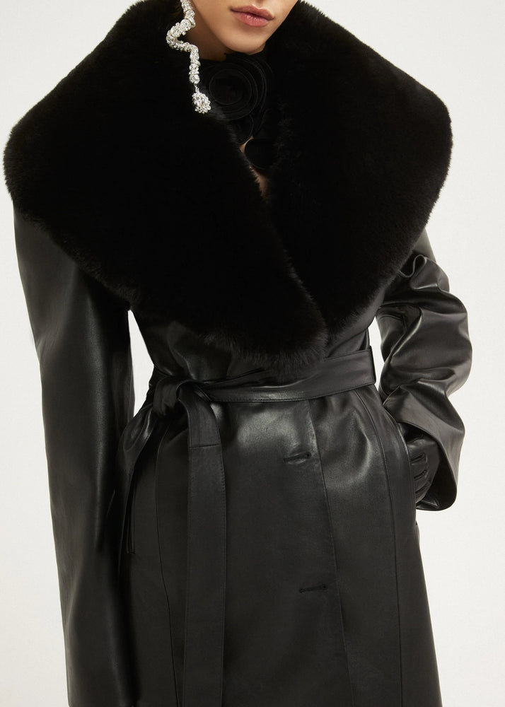 
            
                Load image into Gallery viewer, Long Faux Fur Trim Belted Leather Coat in Black
            
        