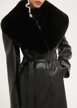 Long Faux Fur Trim Belted Leather Coat in Black