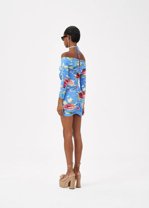 
            
                Load image into Gallery viewer, Off Shoulder Ruched Mini Dress in Light Blue Floral
            
        