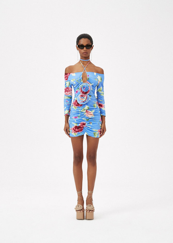 
            
                Load image into Gallery viewer, Off Shoulder Ruched Mini Dress in Light Blue Floral
            
        