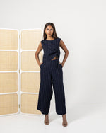 Paperbag Trousers in Navy Pinstripe