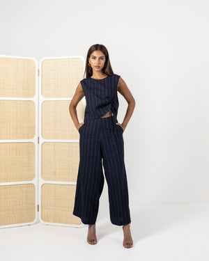 
            
                Load image into Gallery viewer, Paperbag Trousers in Navy Pinstripe
            
        