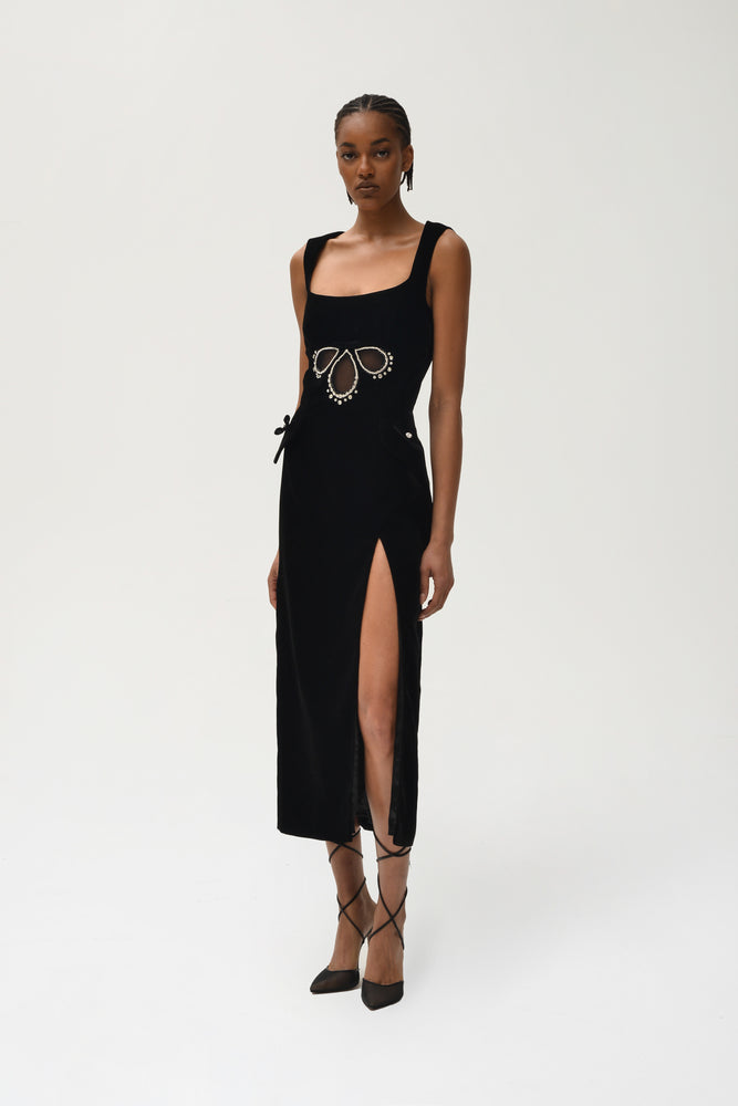 
            
                Load image into Gallery viewer, Drop Embroidery Dress in Black Velvet
            
        