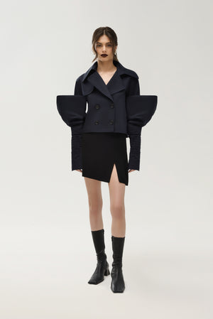 
            
                Load image into Gallery viewer, Cropped Trench with Couture Sleeves in Navy
            
        