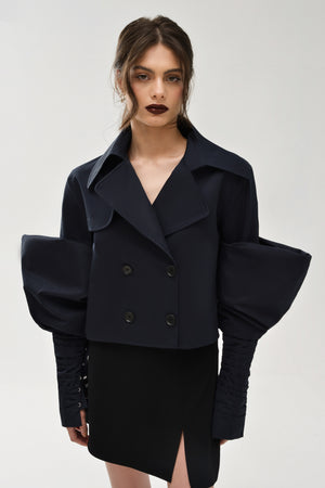 
            
                Load image into Gallery viewer, Cropped Trench with Couture Sleeves in Navy
            
        