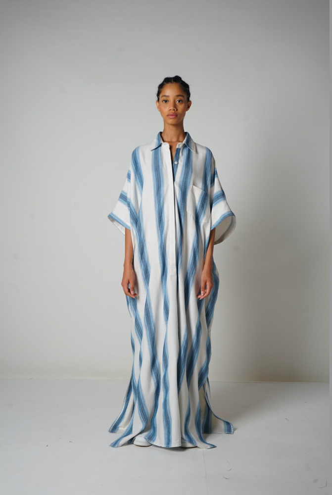Caftan with Small Pocket in Chambray Stripe