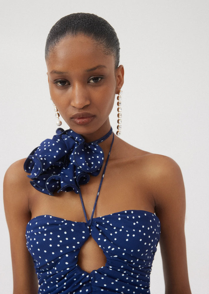 
            
                Load image into Gallery viewer, Ruched Keyhole Mini Dress in Navy Dots
            
        