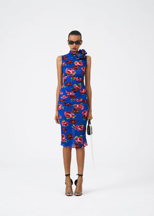 
            
                Load image into Gallery viewer, Ruched Mock Neck Midi Dress in Blue Floral
            
        