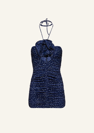 
            
                Load image into Gallery viewer, Ruched Keyhole Mini Dress in Navy Dots
            
        