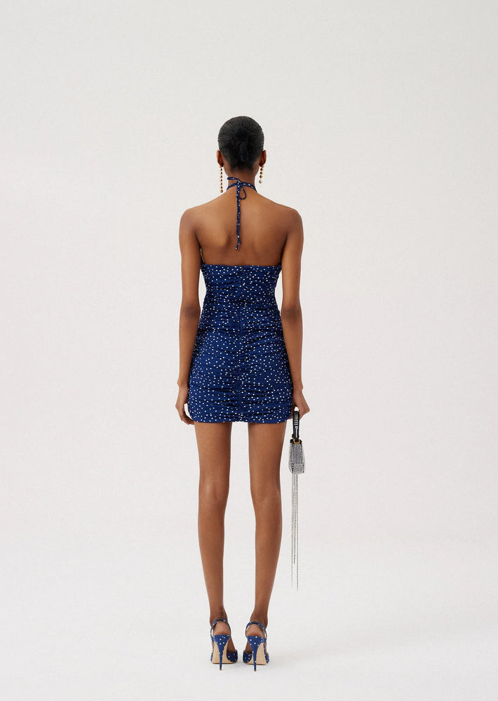 Ruched Keyhole Mini Dress in Navy Dots