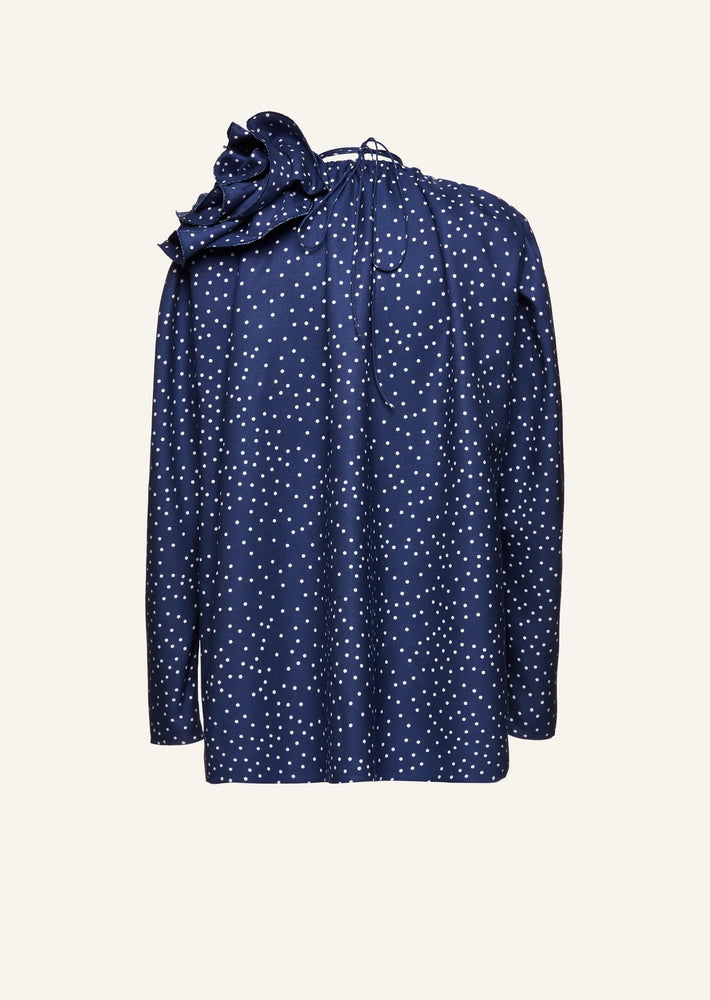 
            
                Load image into Gallery viewer, Flower Embellished Tie Neck Blouse in Navy Dots
            
        