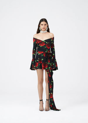 
            
                Load image into Gallery viewer, Off Shoulder Bell Sleeve Mini Dress in Black Floral Print
            
        